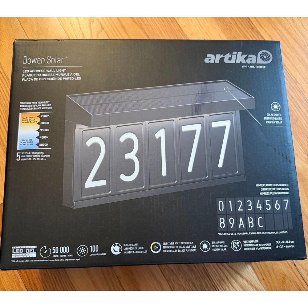 Artika Bowen Solar LED Address Wall Light -Matte Black House Numbers Plaque New